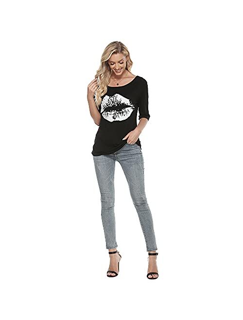 MAGICMK Womens Short Sleeve Lips Print Casual Off The Shoulder T-Shirt Tops