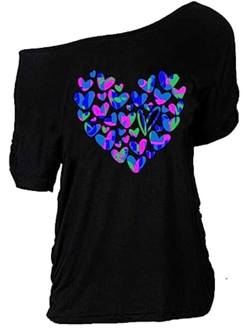 MAGICMK Womens Short Sleeve Lips Print Casual Off The Shoulder T-Shirt Tops