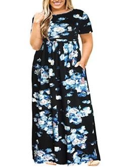 Nemidor Women Short Sleeve Loose Plain Casual Plus Size Long Maxi Dress with Pockets