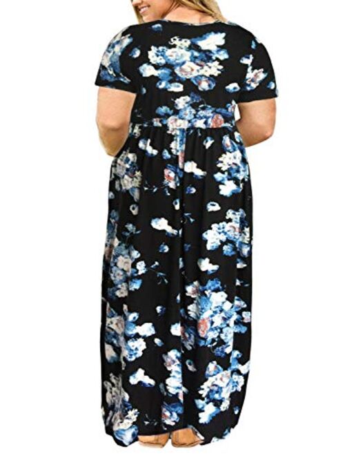 Nemidor Women Short Sleeve Loose Plain Casual Plus Size Long Maxi Dress with Pockets