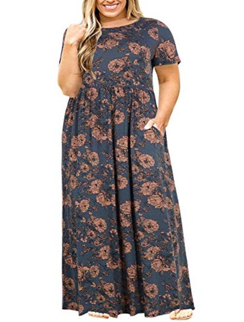 Nemidor Women Short Sleeve Loose Plain Casual Plus Size Long Maxi Dress with Pockets