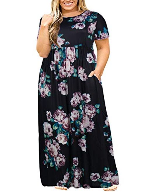 Nemidor Women Short Sleeve Loose Plain Casual Plus Size Long Maxi Dress with Pockets