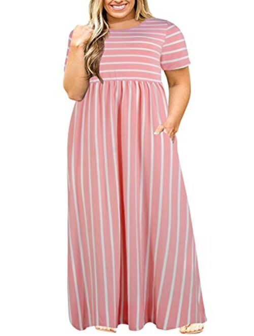 Nemidor Women Short Sleeve Loose Plain Casual Plus Size Long Maxi Dress with Pockets