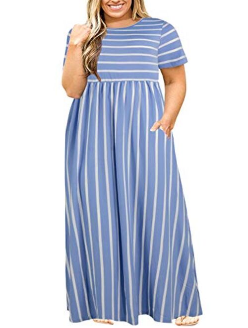 Nemidor Women Short Sleeve Loose Plain Casual Plus Size Long Maxi Dress with Pockets