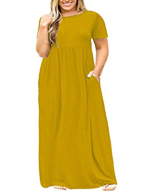 Nemidor Women Short Sleeve Loose Plain Casual Plus Size Long Maxi Dress with Pockets