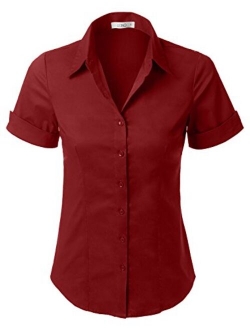 LE3NO Womens Tailored Short Sleeve Button Down Shirt with Stretch