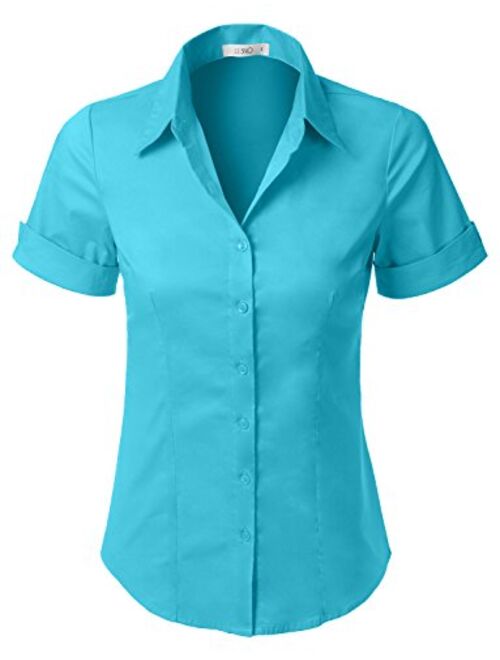 LE3NO Womens Tailored Short Sleeve Button Down Shirt with Stretch