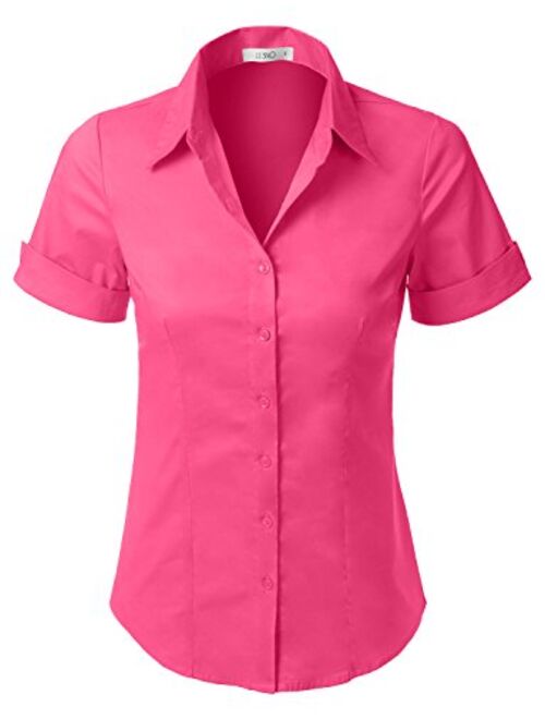 LE3NO Womens Tailored Short Sleeve Button Down Shirt with Stretch