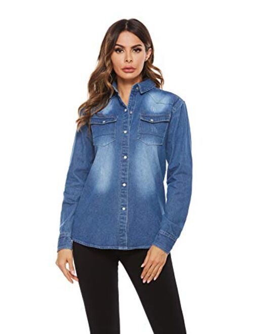 AvaCostume Women's Long Sleeve Double Pocket Slim-fit Jean Denim Shirt