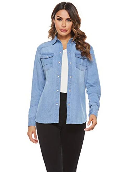 AvaCostume Women's Long Sleeve Double Pocket Slim-fit Jean Denim Shirt