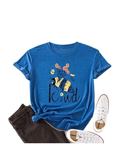 JTJFIT Women Flower Bee Kind T-Shirt Graphic T Shirt Short-Sleeved Girls Tee Top