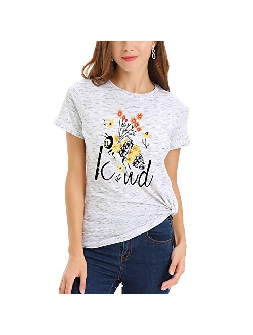 JTJFIT Women Flower Bee Kind T-Shirt Graphic T Shirt Short-Sleeved Girls Tee Top