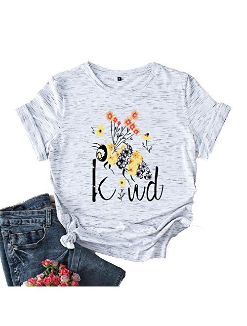 JTJFIT Women Flower Bee Kind T-Shirt Graphic T Shirt Short-Sleeved Girls Tee Top