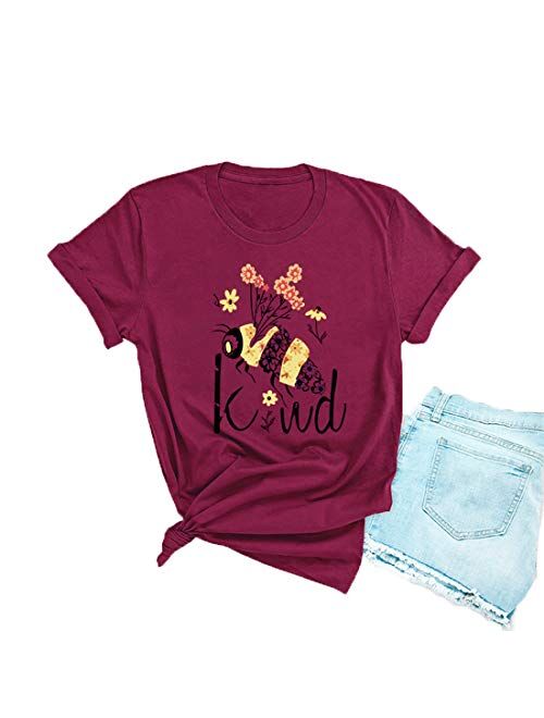 JTJFIT Women Flower Bee Kind T-Shirt Graphic T Shirt Short-Sleeved Girls Tee Top