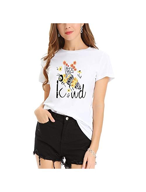 JTJFIT Women Flower Bee Kind T-Shirt Graphic T Shirt Short-Sleeved Girls Tee Top