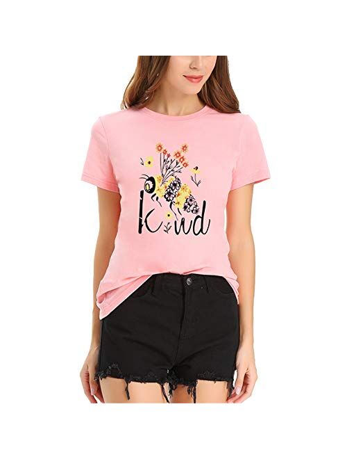 JTJFIT Women Flower Bee Kind T-Shirt Graphic T Shirt Short-Sleeved Girls Tee Top