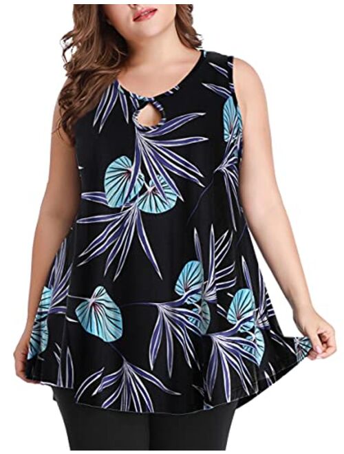 MONNURO Women's Plus Size Sleeveless Keyhole Summer Sexy Shirts Casual Loose Flowy Swing Tunic Tank Tops