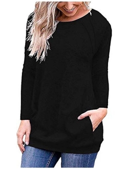 Halife Women's Raglan Long Sleeve Tunic Shirt with Pockets Buttons Casual Top Blouse