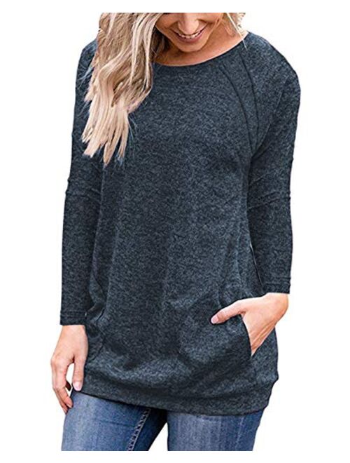 Halife Women's Raglan Long Sleeve Tunic Shirt with Pockets Buttons Casual Top Blouse