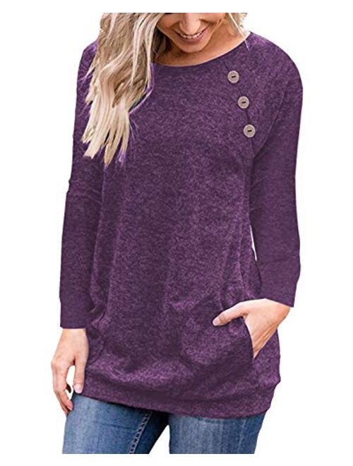 Halife Women's Raglan Long Sleeve Tunic Shirt with Pockets Buttons Casual Top Blouse