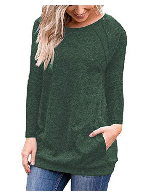 Halife Women's Raglan Long Sleeve Tunic Shirt with Pockets Buttons Casual Top Blouse