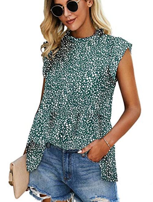 Angashion Women's Tops Casual Floral Print Cap Sleeve Ruffle Neck Loose Babydoll Shirt Blouse Tunic Top