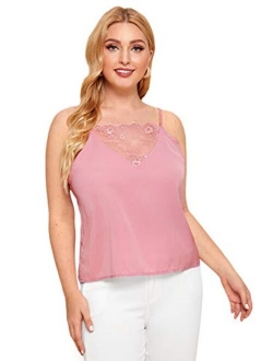 Women's Plus Size Contrast Lace Criss Cross V Neck Spaghetti Strap Cami Tank Top