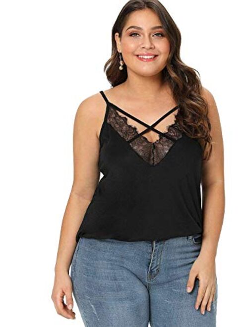 Romwe Women's Plus Size Contrast Lace Criss Cross V Neck Spaghetti Strap Cami Tank Top