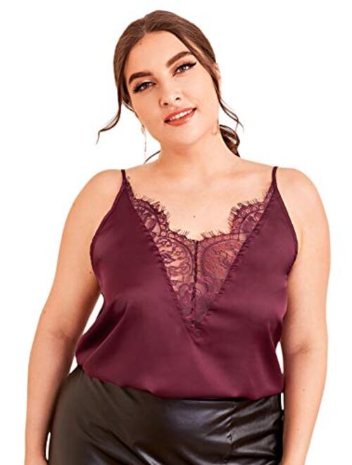 Romwe Women's Plus Size Contrast Lace Criss Cross V Neck Spaghetti Strap Cami Tank Top