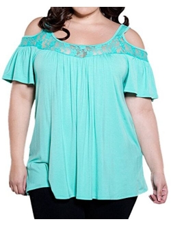 PINUPART Women's Short Sleeve Cold Shoulder Pull on Plus Size Lace Knit Top