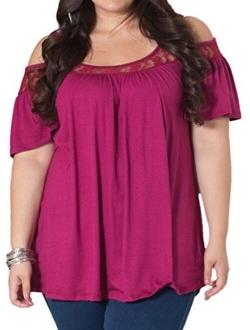 PINUPART Women's Short Sleeve Cold Shoulder Pull on Plus Size Lace Knit Top