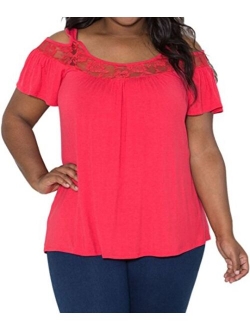 PINUPART Women's Short Sleeve Cold Shoulder Pull on Plus Size Lace Knit Top