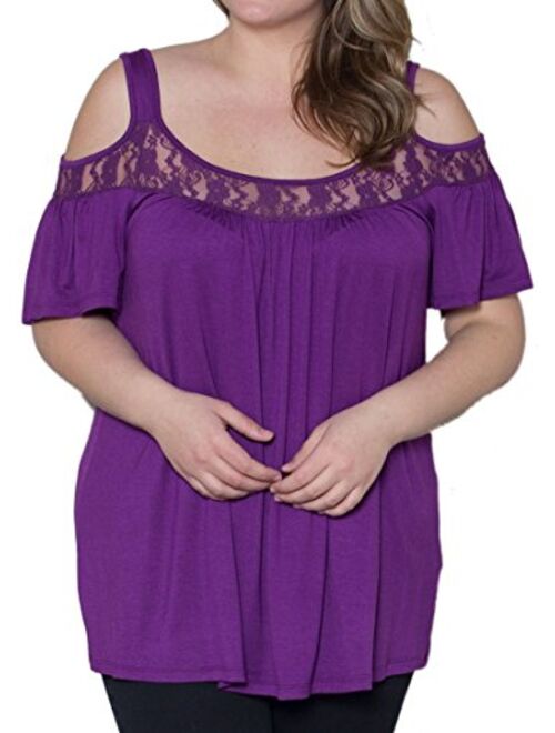 PINUPART Women's Short Sleeve Cold Shoulder Pull on Plus Size Lace Knit Top