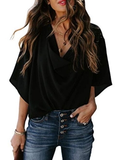 HOTAPEI Womens Blouses and Tops for Work Fashion 2020 Casual Summer Short Sleeve Wrap V Neck Draped Front Blouses