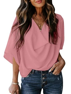 HOTAPEI Womens Blouses and Tops for Work Fashion 2020 Casual Summer Short Sleeve Wrap V Neck Draped Front Blouses