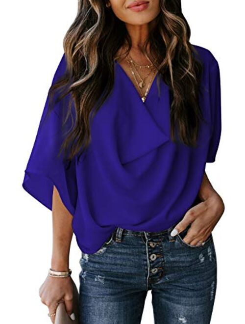 HOTAPEI Womens Blouses and Tops for Work Fashion 2020 Casual Summer Short Sleeve Wrap V Neck Draped Front Blouses