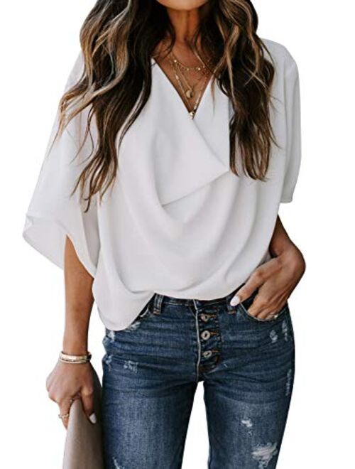 HOTAPEI Womens Blouses and Tops for Work Fashion 2020 Casual Summer Short Sleeve Wrap V Neck Draped Front Blouses