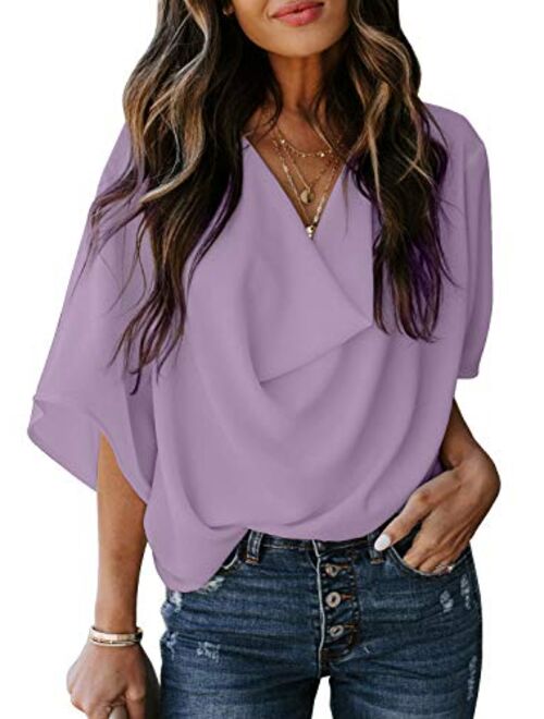 HOTAPEI Womens Blouses and Tops for Work Fashion 2020 Casual Summer Short Sleeve Wrap V Neck Draped Front Blouses