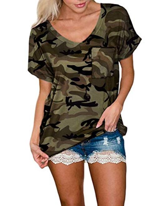 Smile Fish Women Camouflage Print V-Neck Casual Plain Lounge T-Shirt Basic Short Sleeve Tops