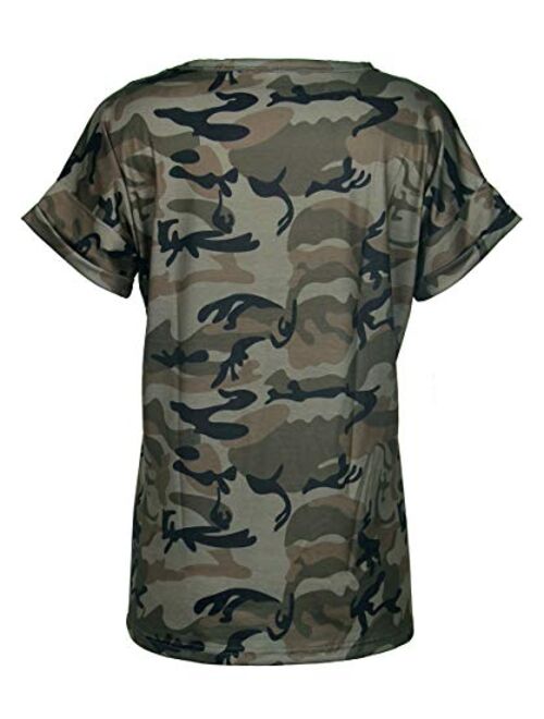 Smile Fish Women Camouflage Print V-Neck Casual Plain Lounge T-Shirt Basic Short Sleeve Tops