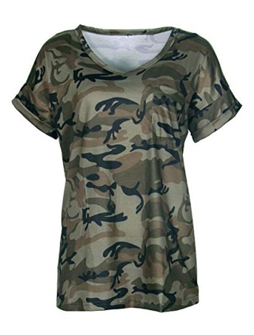 Smile Fish Women Camouflage Print V-Neck Casual Plain Lounge T-Shirt Basic Short Sleeve Tops