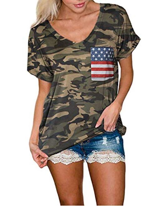 Smile Fish Women Camouflage Print V-Neck Casual Plain Lounge T-Shirt Basic Short Sleeve Tops