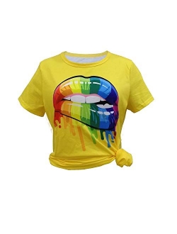 HIGOFASHION Womens T-Shirt Print Casual Rainbow Color Lips Funny Graphic Tie Tees Short Sleeve Summer Autumn 80s Tops