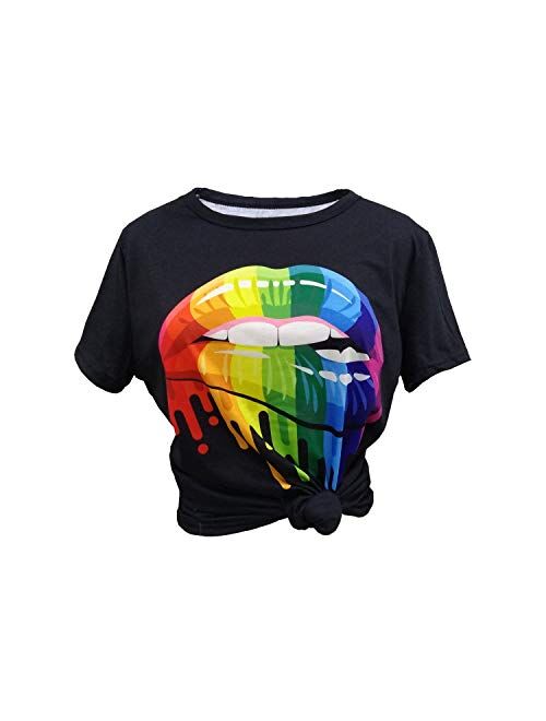 HIGOFASHION Womens T-Shirt Print Casual Rainbow Color Lips Funny Graphic Tie Tees Short Sleeve Summer Autumn 80s Tops