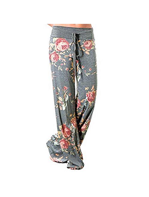 Famulily Women's Comfy Soft Stretch Wide Leg Floral/Polka Floral Print Palazzo Pajama Pants Lounge