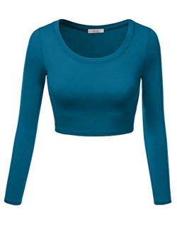 Simlu Womens Crop Top Round Neck Basic Long Sleeve Crop Top with Stretch Reg and Plus Size - USA