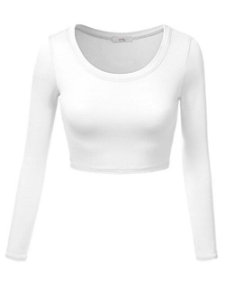 Simlu Womens Crop Top Round Neck Basic Long Sleeve Crop Top with Stretch Reg and Plus Size - USA