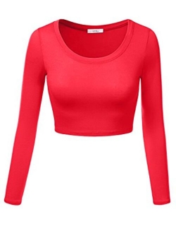 Simlu Womens Crop Top Round Neck Basic Long Sleeve Crop Top with Stretch Reg and Plus Size - USA