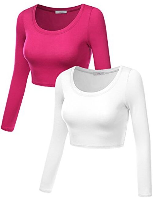 Simlu Womens Crop Top Round Neck Basic Long Sleeve Crop Top with Stretch Reg and Plus Size - USA