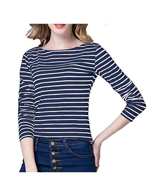 Tulucky Women's Casual Long Sleeve Shirts Stripe Tees Round Neck Tank Tops